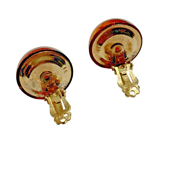 Vintage Clip On Earrings Lucite Domes Orange Red Faux Tortoise Shell Buttons - Picture 4 of 8